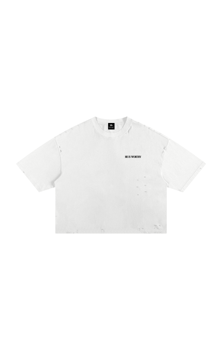 He is Worthy Frayed Cropped Tee - White
