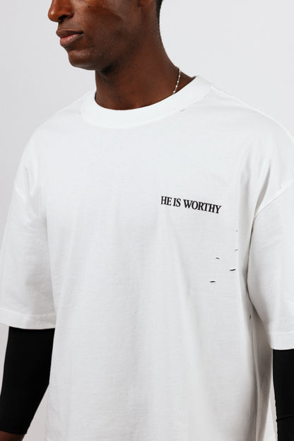 He is Worthy Frayed Cropped Tee - White