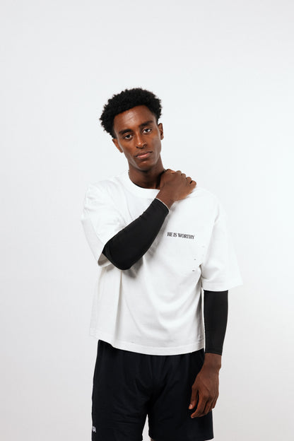 He is Worthy Frayed Cropped Tee - White